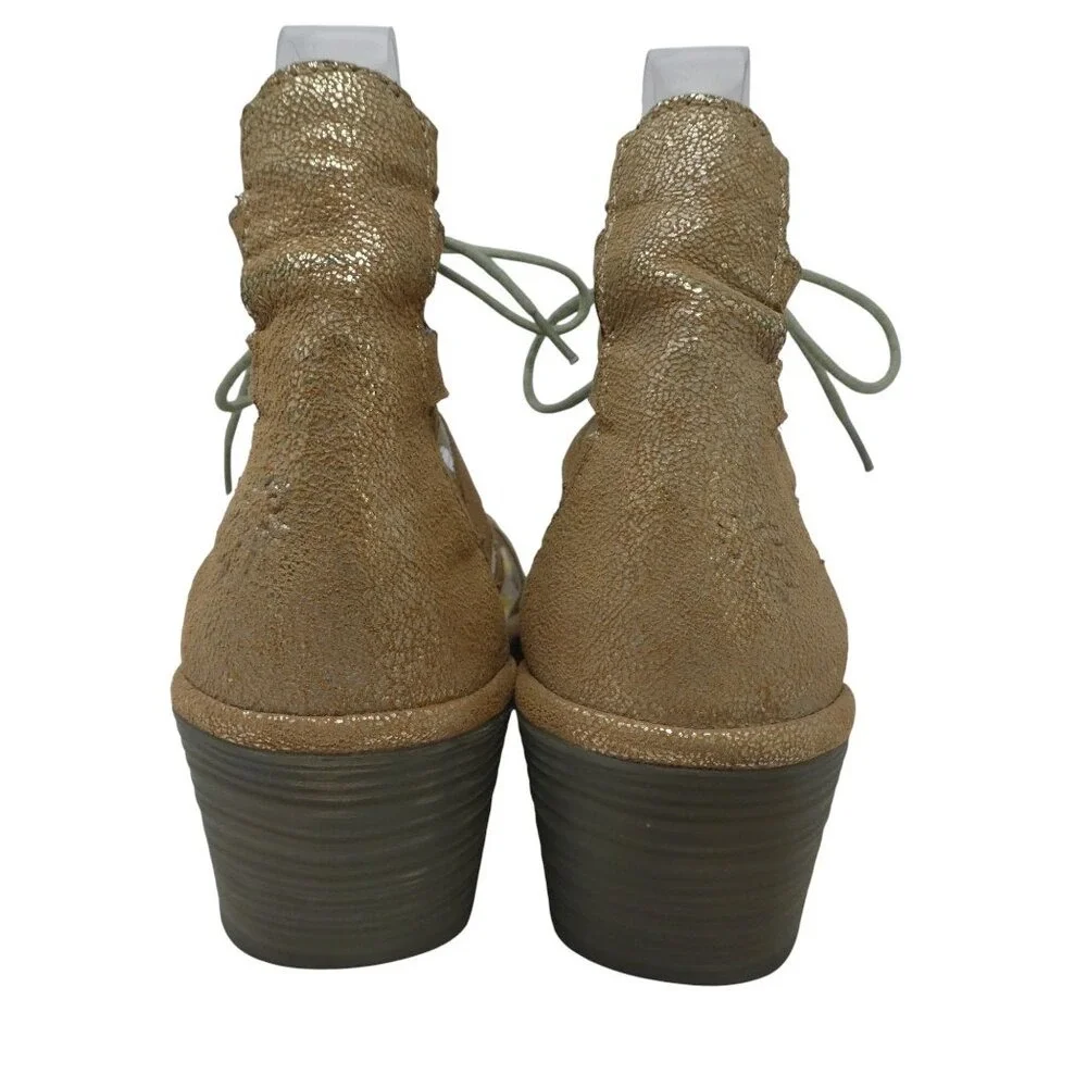 Fly London Yuke Wedge Sandals Women 38 Gold Metallic Lace Up Gladiator